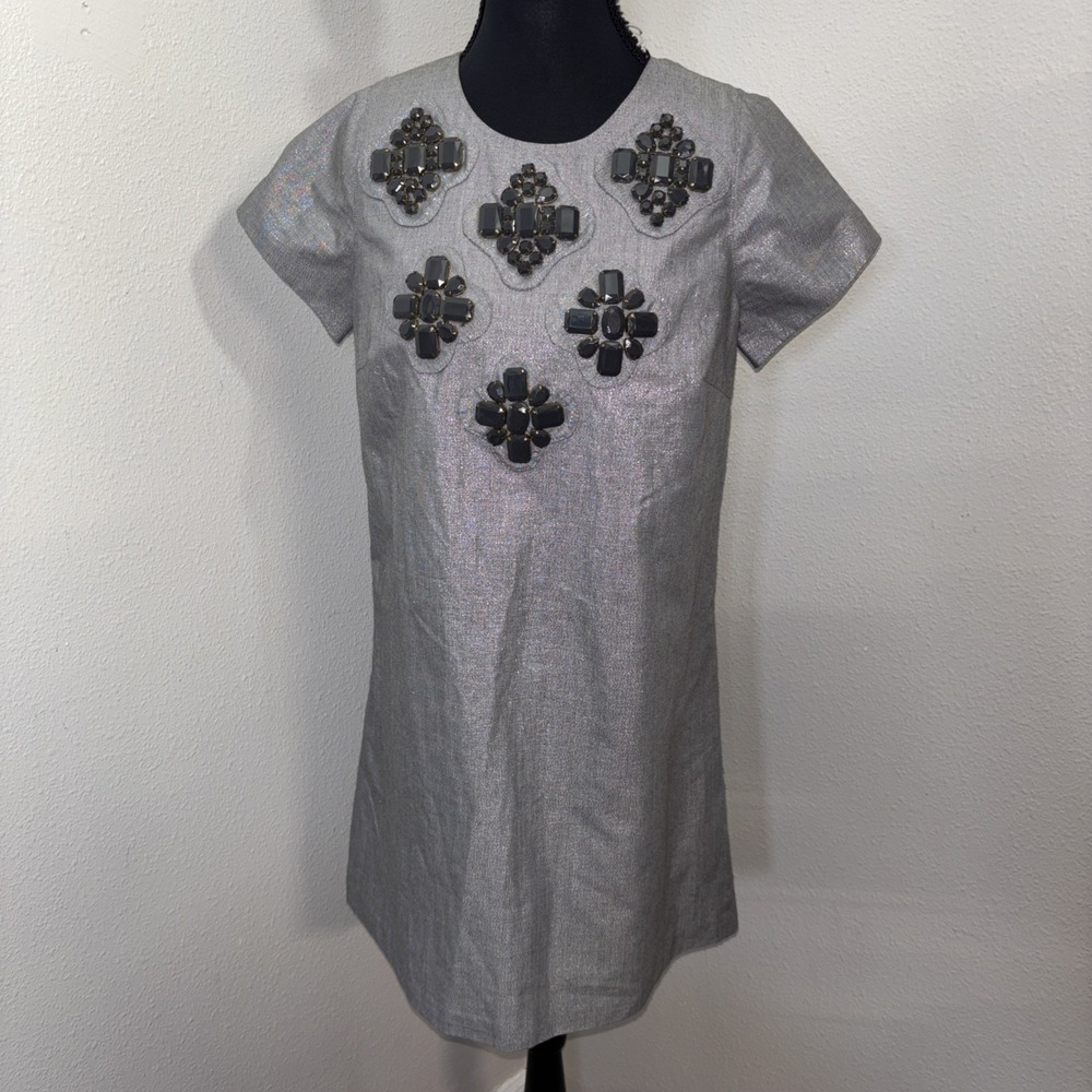 Karta Shift Mini Dress Women's Medium Gray Metallic‎ Jeweled Short Sleeve Classy